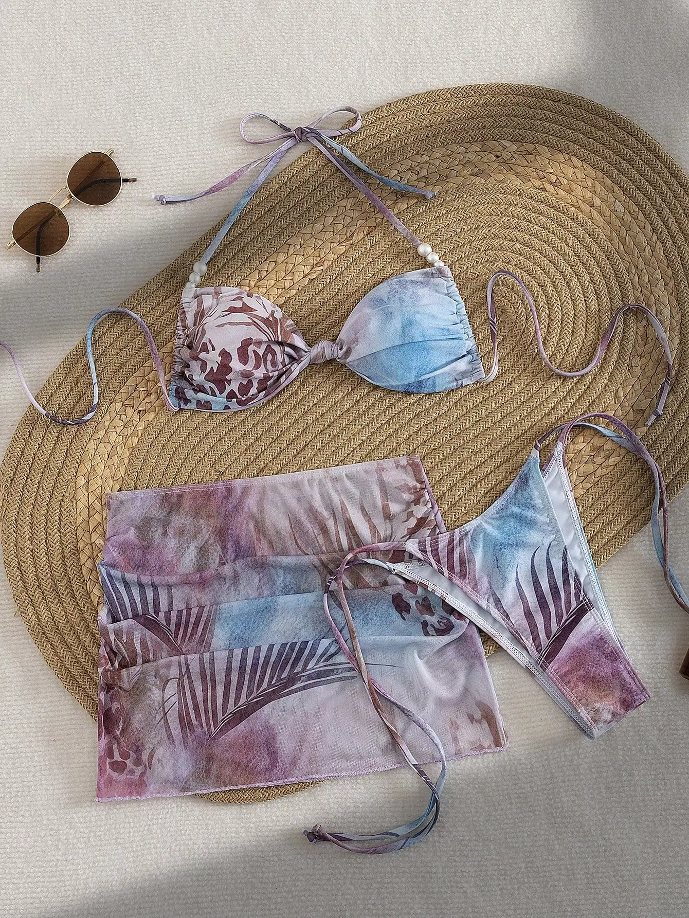 

Summer Floral Print Bikini Set With Pearl Decor Halter Tie Swimsuit Mesh Skirt Beach Vacation