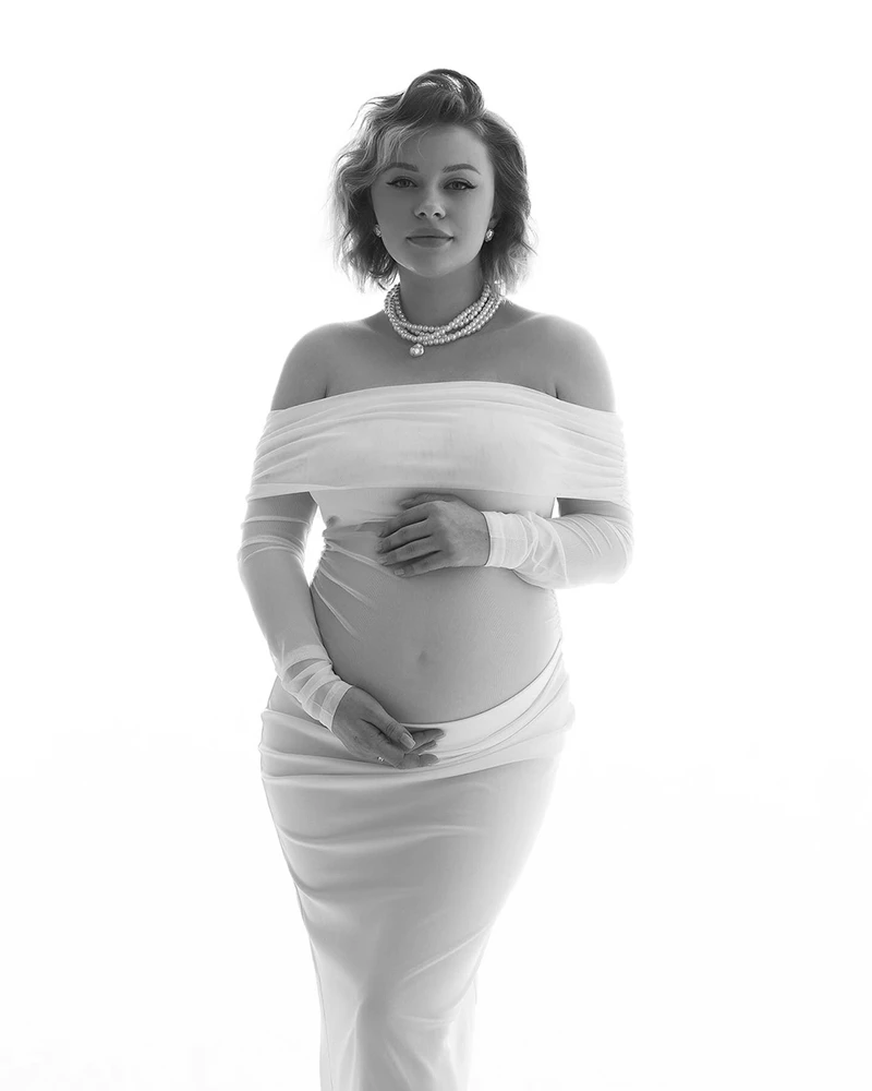 White Off Shoulder Maternity Dress Photoshoot Boutique Long Sleeve Bodycon Maxi Gown Elegant Pregnancy Outfit Baby Shower