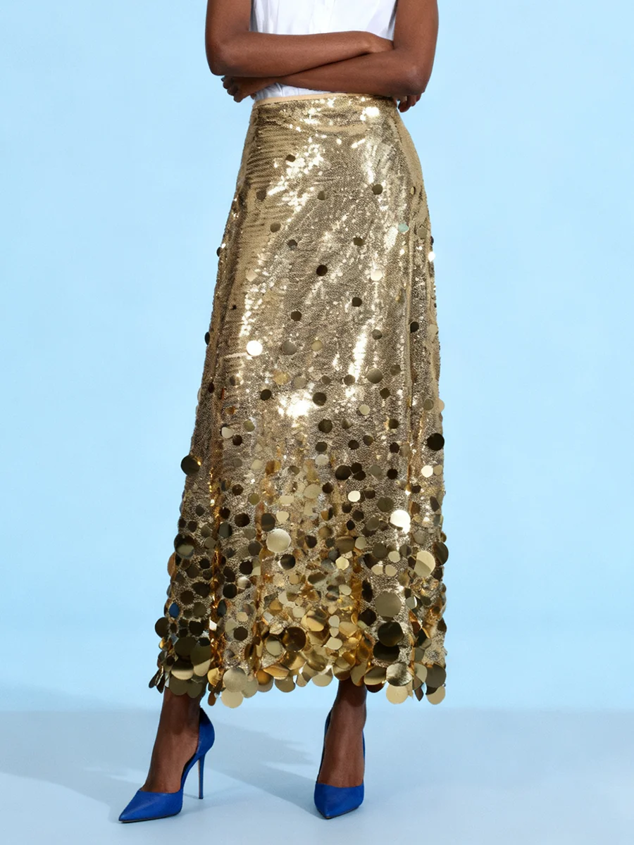 VGH رائع التخسيس الصلبة الترتر تنورة طويلة للنساء عالية الخصر تقسم سستة الخريف مزاجه تنورة الحفلات الإناث نمط