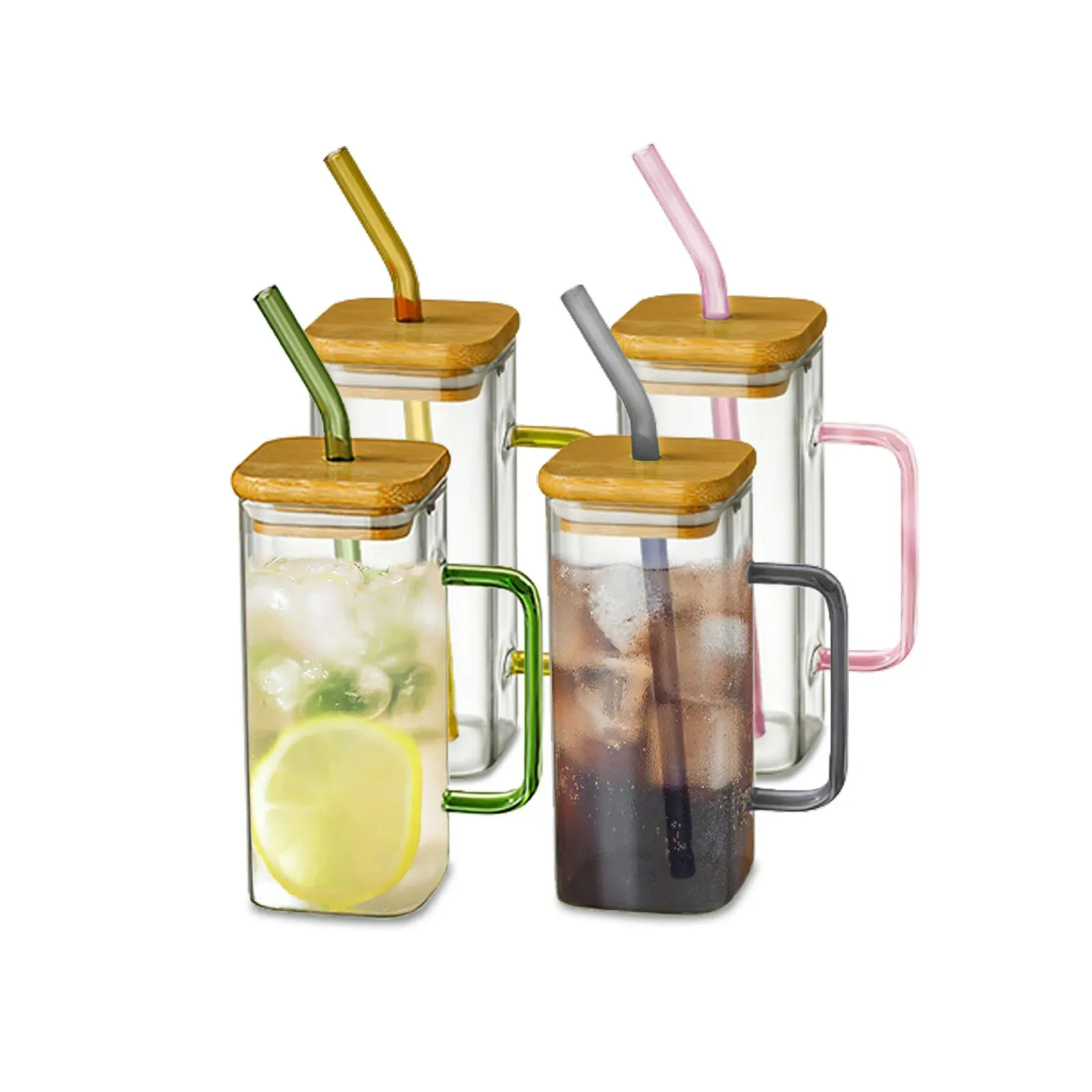 400ML Square Glass Mug With Lid and Straw Breakfast Milk Cup Microwave Safe Transparent Party Beer Coffee Mug Drinkware Glass
