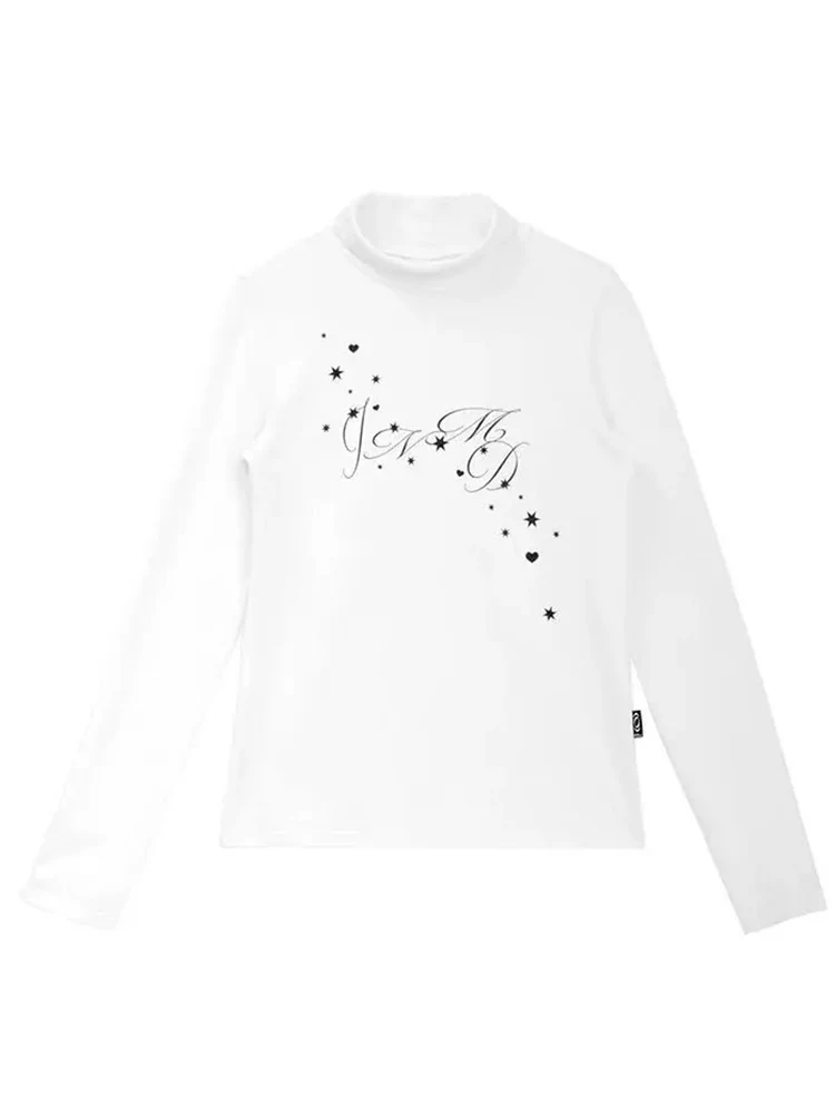 Striped Star Print Half High Collar Tshirts Women Retro Casual Long Sleeve Base Tops Korean Y2k Aesthetic Grunge Tees