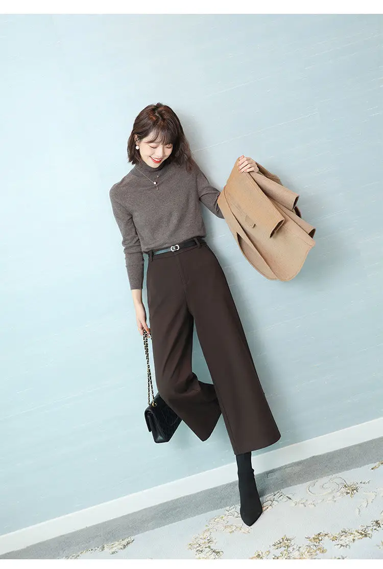 Wool Temperament BootPants Women's Autumn and Winter Wide-LegPants Slimming High WaistStraightCroppedPants CasualPants with Belt