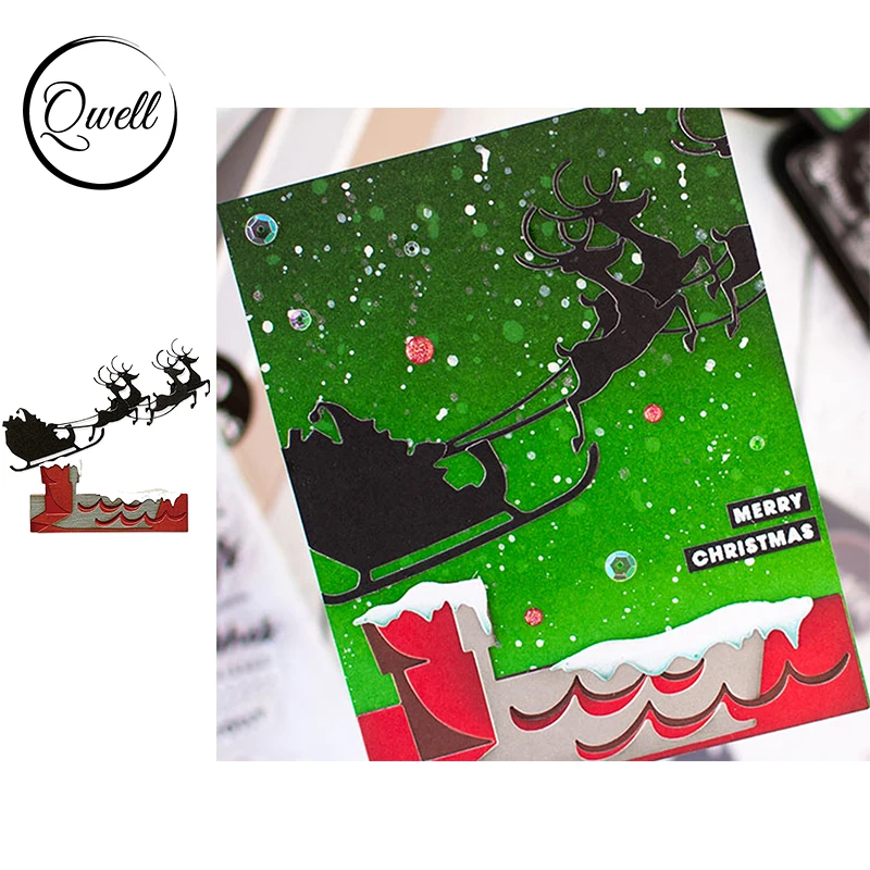 

QWELL Reindeer with Santa Sleigh Edge Metal Cutting Dies Set for DIY Paper Cards Craft Album Christmas Decoration Scrapbooking