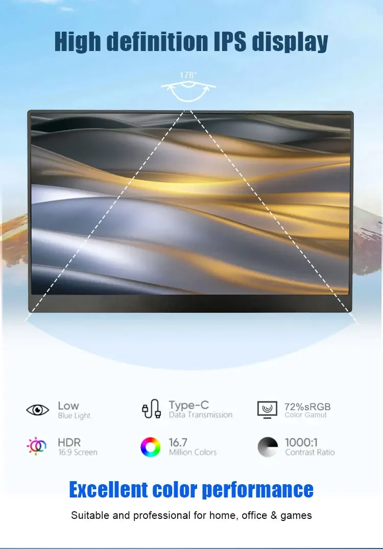 Best Seller 15.6 Inch Portable LED Monitor HD HDR Speakers Dual USB-C Plug Play Mobile Application FHD Gaming Monitor
