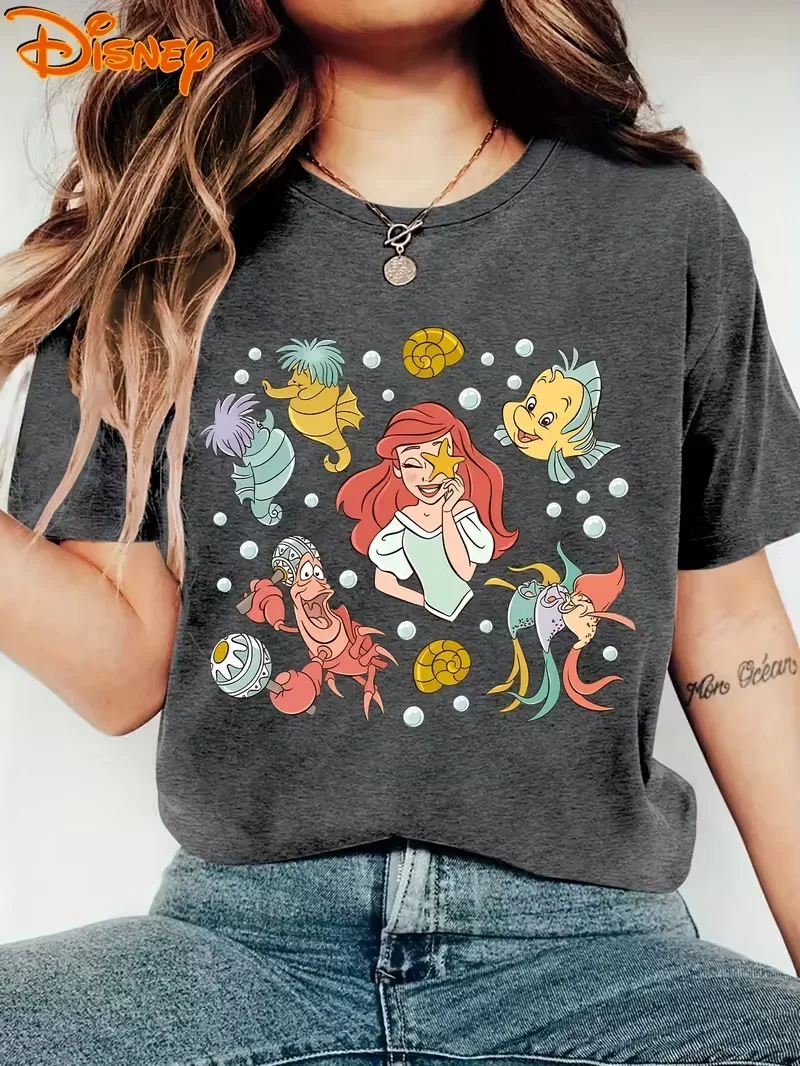 

Disney The Little Mermaid T Shirt Vintage Women's Cotton Tee Short Sleeve O-Neck Casual Trendy Oversized Streetwear Trendy Tops