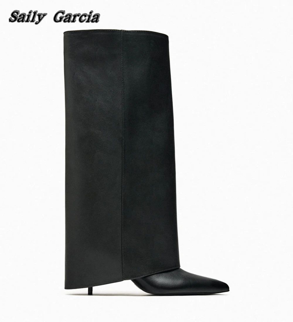 

Autumn/Winter New INS Fashion Knee High Boots Genuine Leather Black Sexy Women Trouser Boots Pointed Toe Slip On Stretch Boots