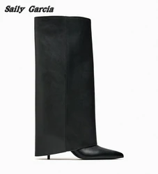 Botas hasta la rodilla de cuero genuino para mujer, botines elásticos sin cordones con punta puntiaguda, Sexy, negro, otoño e invierno, nueva moda INS