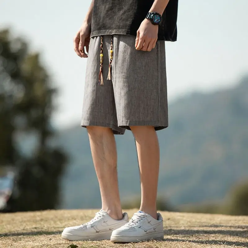 

Men Thin Tencel Shorts Summer New Loose Fashion Solid Color Wide Leg Shorts Outdoor Leisure Beach Drawstring Pants Linen pants