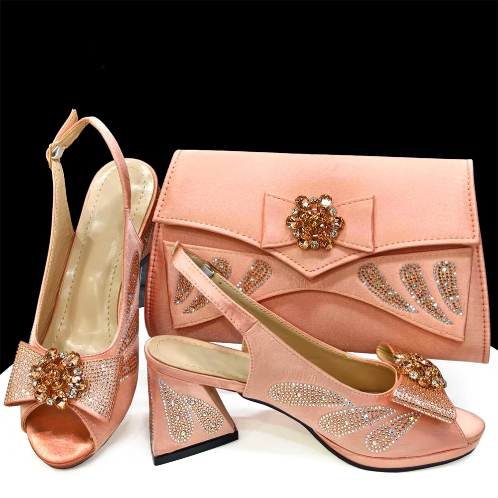 New Arrival Rhinestone Peach Color Sandal Shoes And Bag Set African Summer Woman Pumps Shoes And Purse Set For Party On Stock