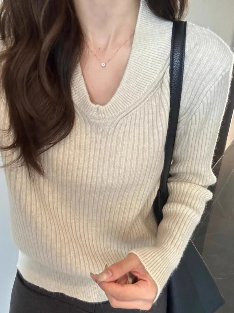 

Retro American Knitwear V-Ne Long Sve Women's Inner Wear Base Layer Slimming Top Korean Sle Spring Autumn High-End Fee...