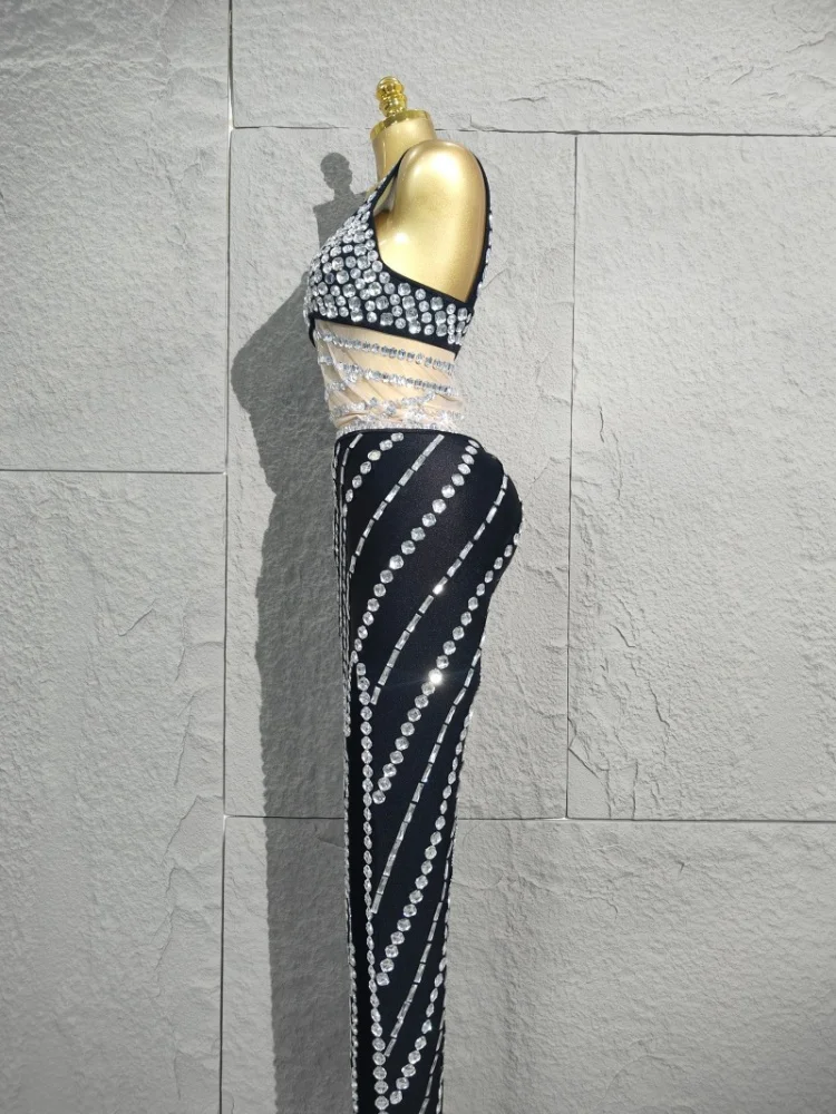 فستان طويل مغرية بأحجار الراين اللامعة الشبكية المقسمة للاحتفال بالسهرات وحفلات أعياد الميلاد وملابس التقاط الصور زي الأداء #5