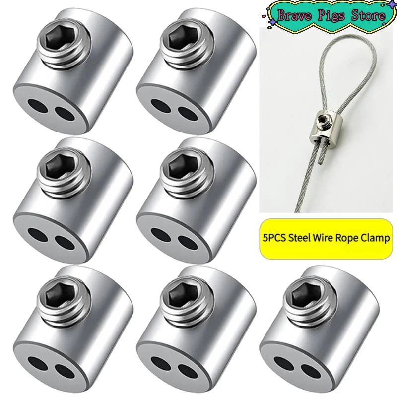[HM]5PCS Steel Wire Rope Clamp Stainless Steel Cable Hanging Clip Double Hole Adjustable Screws Fixed Hardware Accessories[HM]