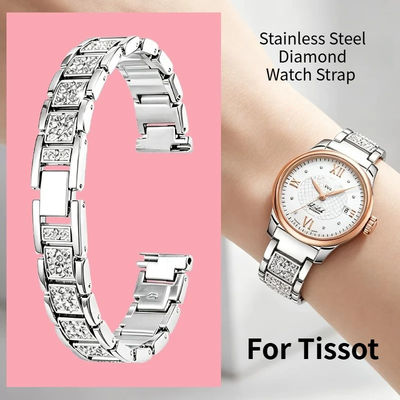 Women Stainless Steel Inlaid Diamond Watch Band, Replacement Bracelet for Original Tissot 1853 Le Locle T41 T006 25mm Dial Strap
