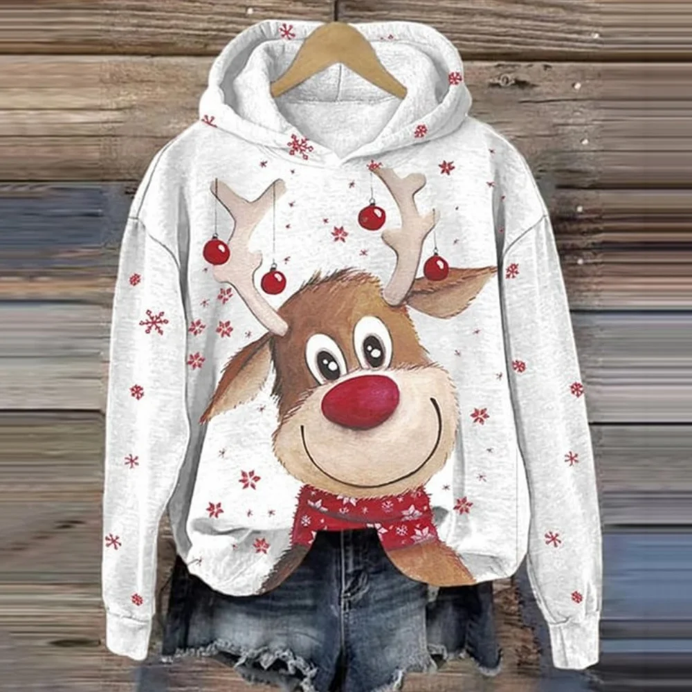 Christmas Cartoon Women's Hoodie Spring/Autumn Hooded Sweatshirt Cute Elk Print Clothing Christmas Day Party Casual Long Sleeves