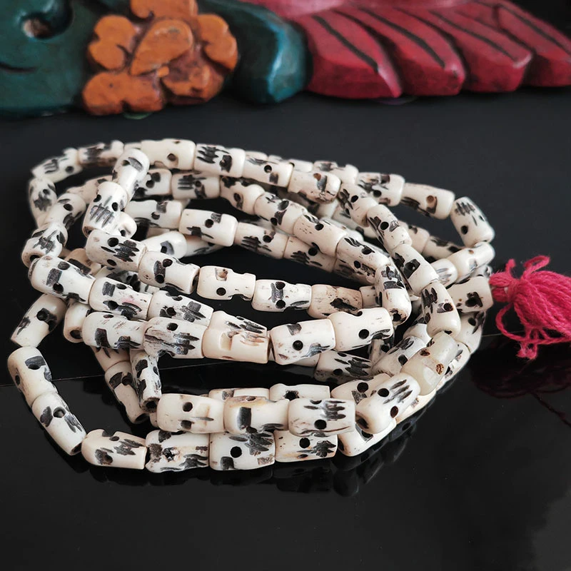 Skull Bead Buddhist Necklace, Natural Ox Bone, Handmade 108 Beads, Tibetan Ethnic Style