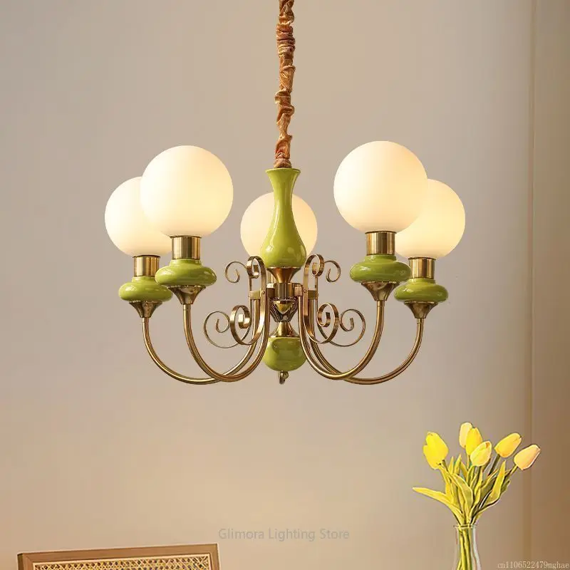 French Retro Green Pendant Lamp, Viral Cream Style Chandelier for Living Room,Homestay,Bedroom &Dining Room with Rustic Ambiance
