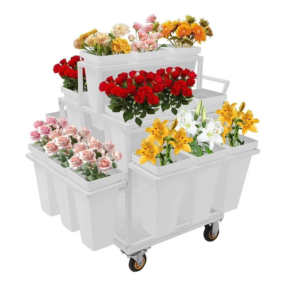 6 Tier Flower Display Stand with Wheels Rolling Flower Display Rack with 18 Flower Buckets and Foldable Table Board