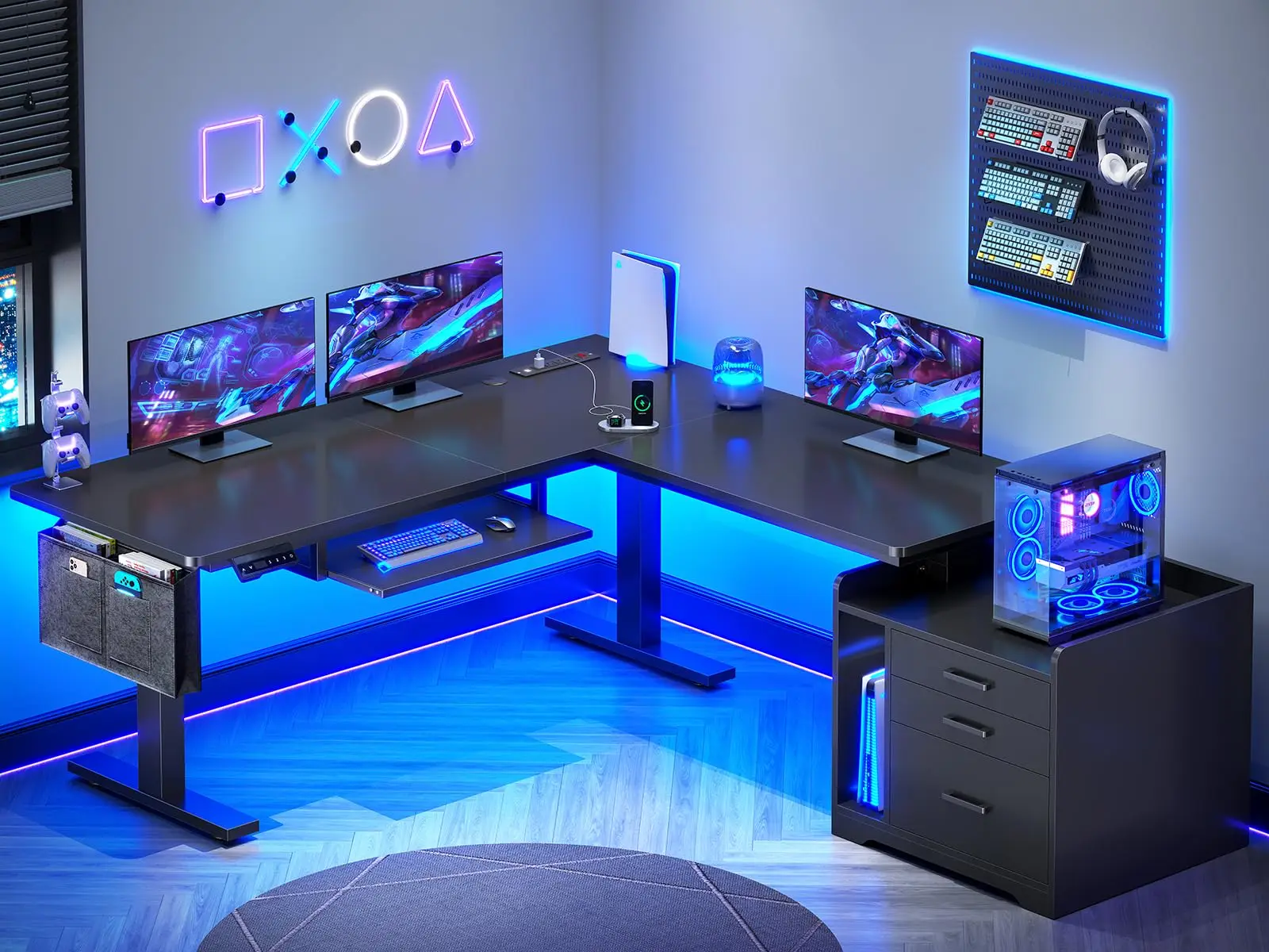 L Shaped Standing Desk with File Cabinet, 3 Drawers, Power Outlet