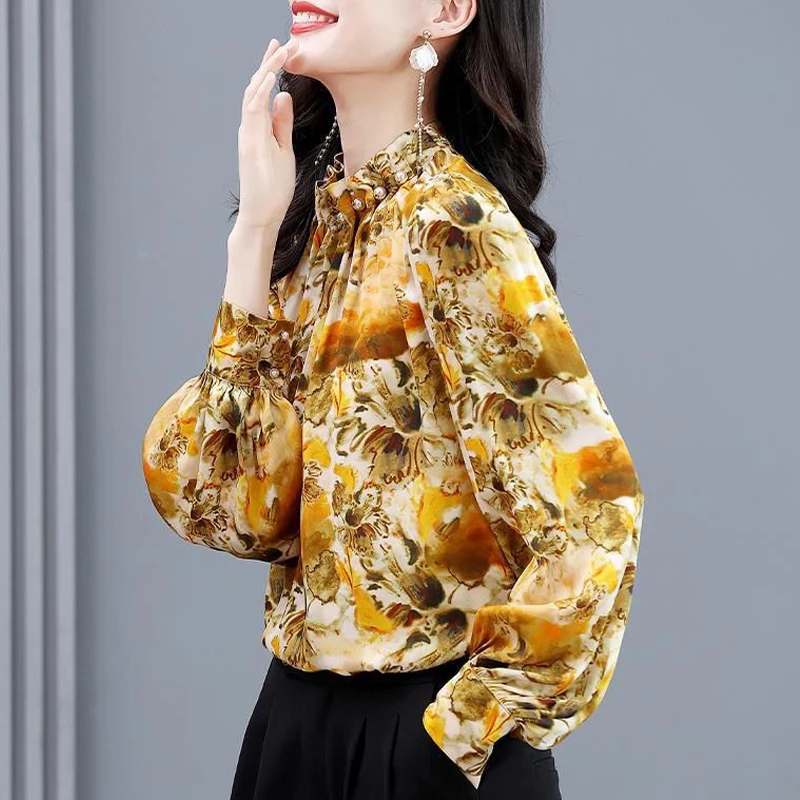 Women\'s High Quality Satin Ruffled Beaded Elegant Blouse Female Vintage Fashion Floral Print Shirt Long Sleeve Loose Tops Blusas