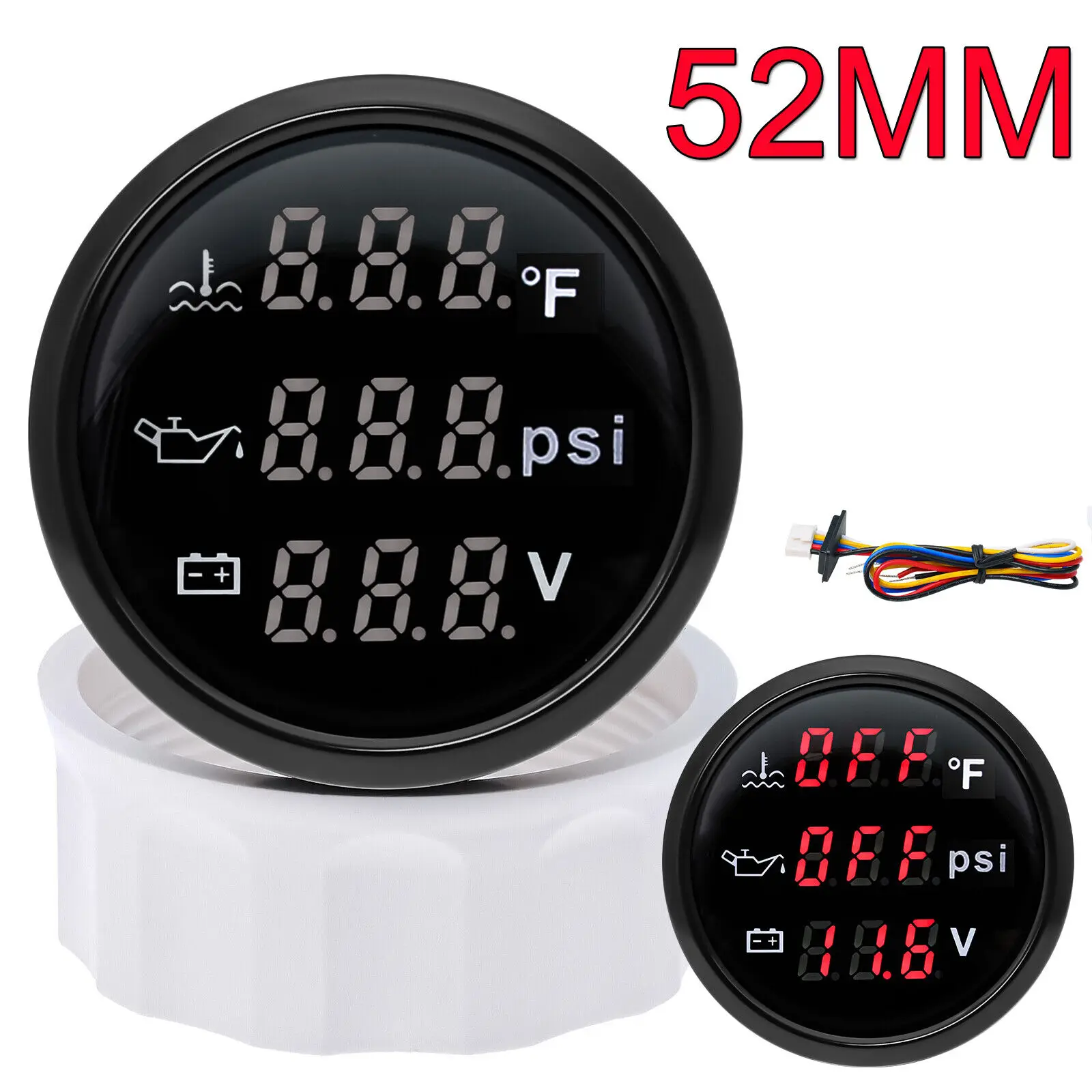 52mm 3in 1 Multi-Function Digital Gauge Voltmeter Water Temp Oil Pressure With Alarm 9-32V