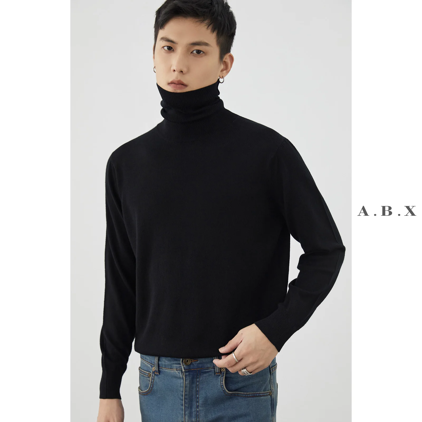 

Autumn and Winter Pure Wool Machine Washable Black with High Collar Sweater Men's Korean-Style Casual Knitted Bottoming Shirt