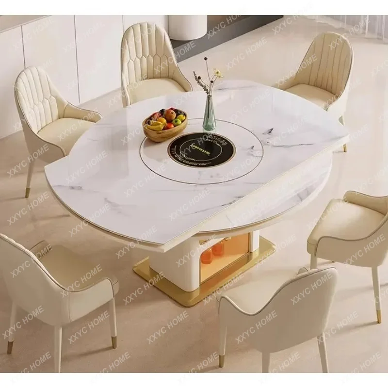 XX Cream Wind Rock Slab Dining Table Small Apartment Telescopic Built-in Turntable Induction Cooker Marble