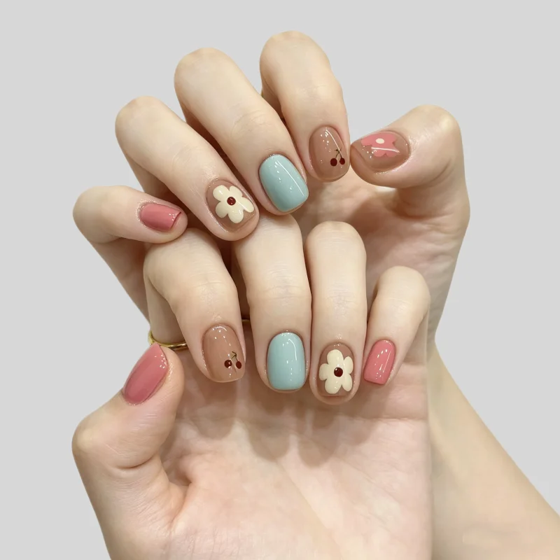 30Pcs Mechanical Nail Spring Floral Cherry Blossom Short Press-On Nails—High-Quality Nails Perfect As Gifts for Girls and Friend