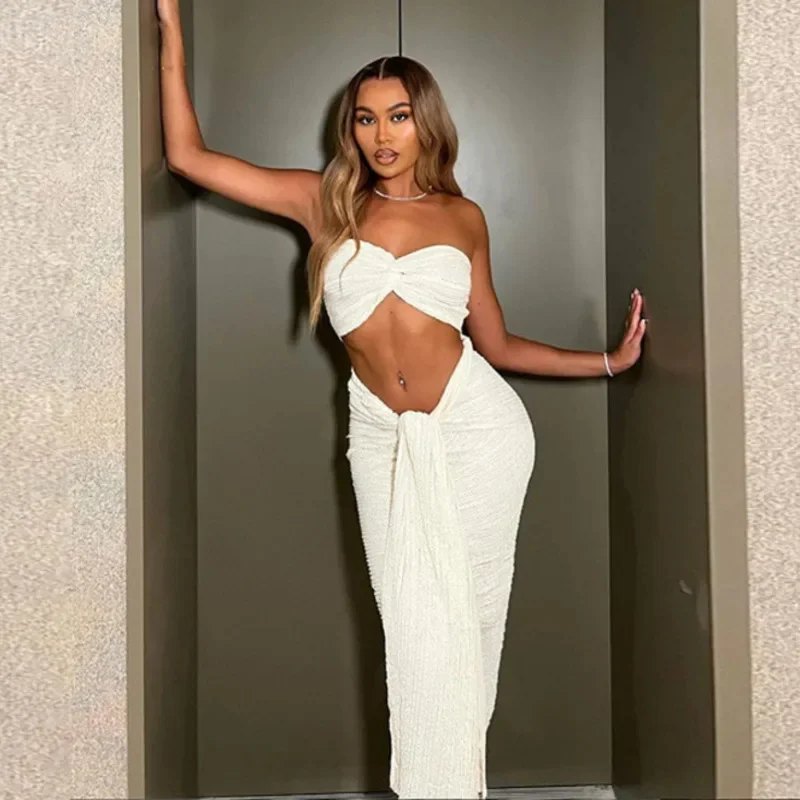 Elegant 2 Piece Set Women Midnight Thin Striped Knot Strapless Crop Tops Bandage Lace Up Skirts 2025 Vacation Matching Clubwear
