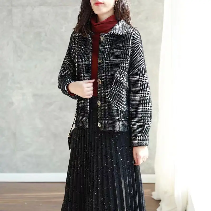 Mink Cashmere Plaid Knitting Cardigan Coat Women Autumn Winter Simplicity Fashion Solid Color Sweater All-match Knitwear Tops