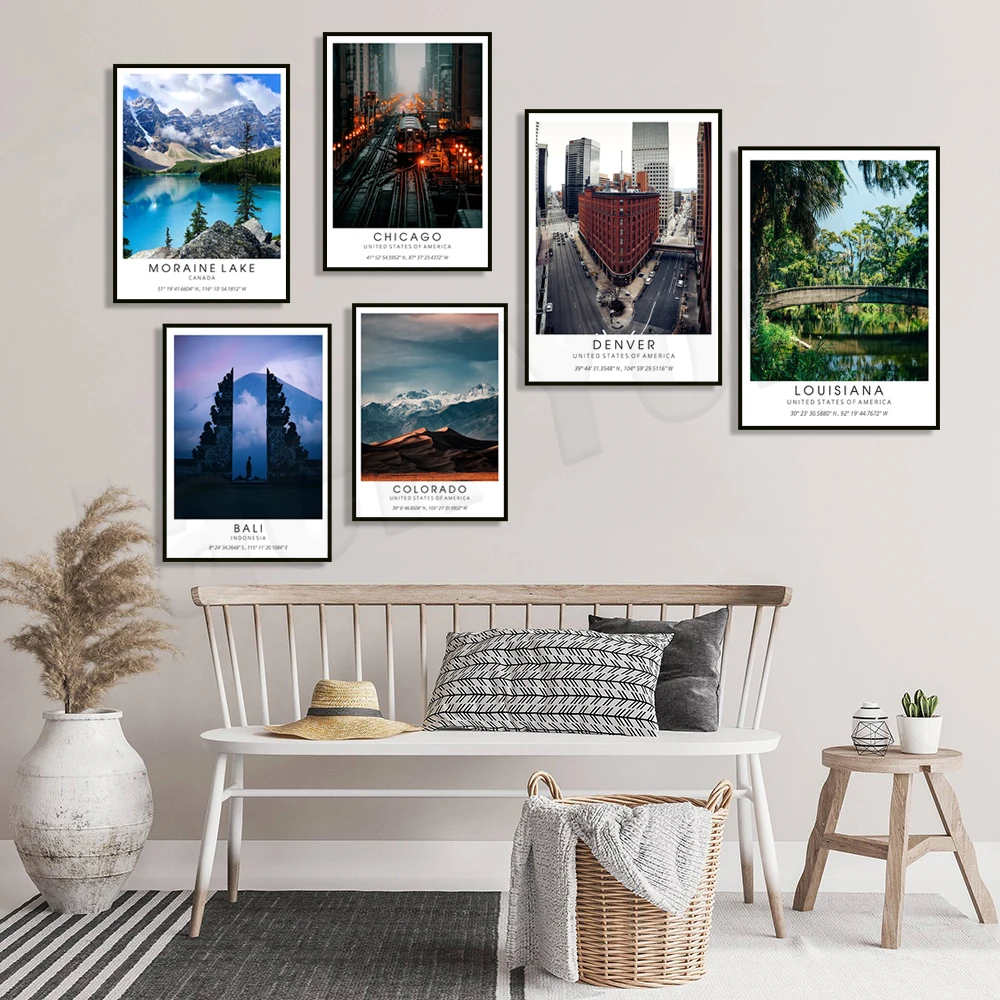 Colorado, Moraine Lake Canada, Venice, Paris, Louisiana, London, Bali, Denver, Positano Italy, Arizona, Chicago cityscape poster
