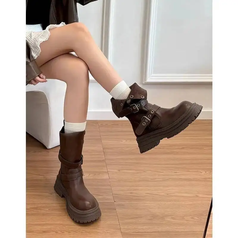 

Women's Ankle Boots 2025 New Arrival Brown Ankle Boots Friendly Thick Soled Maillard Mid Calf Short Boots