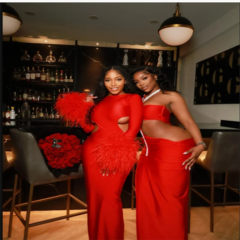 Aangepaste rode uitgesneden zeemeermin veren sexy prom dress sexy lange mouw vestidos de noche vloerlengte formele avond 2026