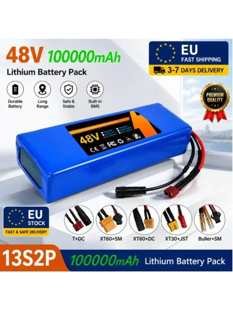 48V 100Ah Lithium-Ionen-Akkupack 13S2P 100000mAh mit Smart BMS für E-Bike und E-Scooter 250W 350W 500W 750W 1000W Motor, inklusive kostenlosem 54,6V Ladegerät, lange Lebensdauer