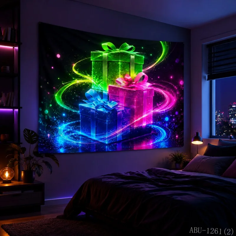 VIKAMA Gift Box Blacklight Glow Tapestry Wall Hanging, Soft Touch Print, Wall Art for Bedroom Dorm Party Game Room Bar Decor