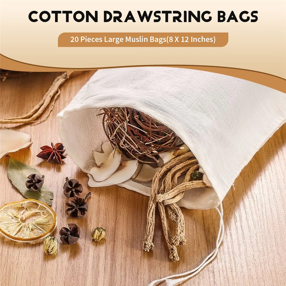 AT54 20 Pieces Large Muslin Bags Cotton Drawstring Bags,Tea Brew Bags (8 X 12 Inches)