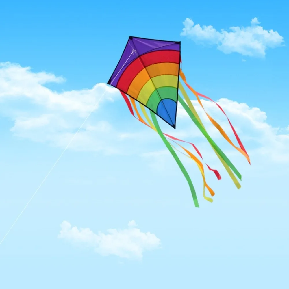 Cometa de arcoíris colorida fácil de volar con colas múltiples, cometa para niños voladora, línea de cometa Ripstop de 80 metros, cometa de diamante para playa