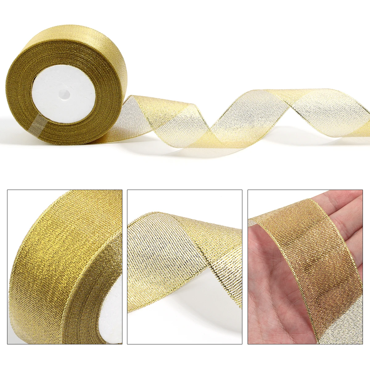 25Yards/Lot 0.6-5cm raso naturale oro argento nastro Glitter per fai da te fiocco artigianato confezione regalo mazzi decorazioni natalizie per feste