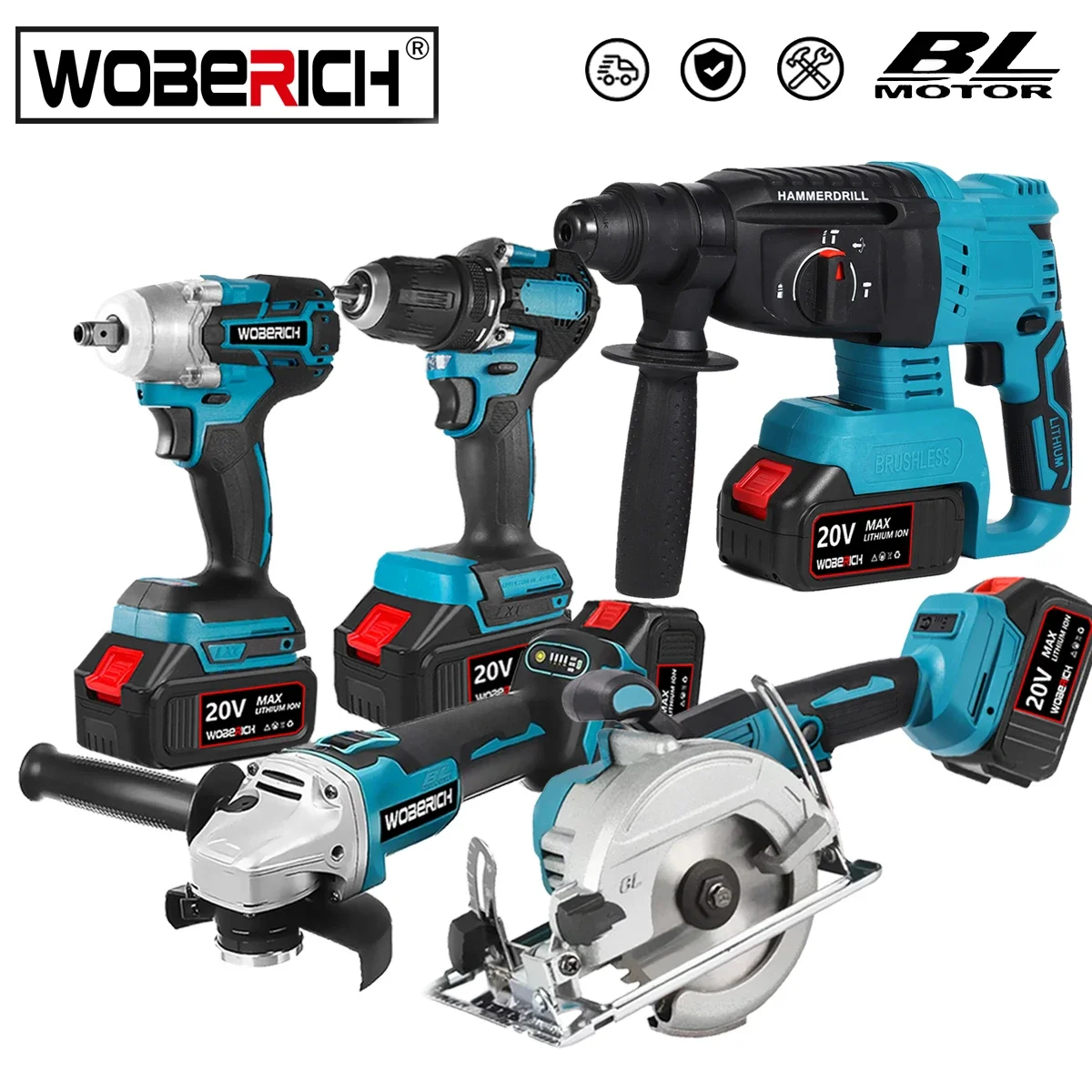 

WOBERICH Brushless Cordless Angle Grinder Electric circular saw Electric Impact Hammer Drill With 2x Battery Combo Kits