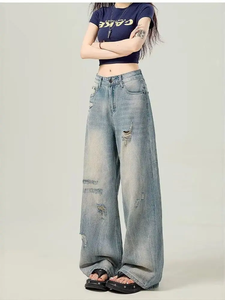 

American Sle Vintage Faded Hole Denim Pants Women's High Waist Straight Loose Slim Wide Leg Long Trousers Spring Summer New...