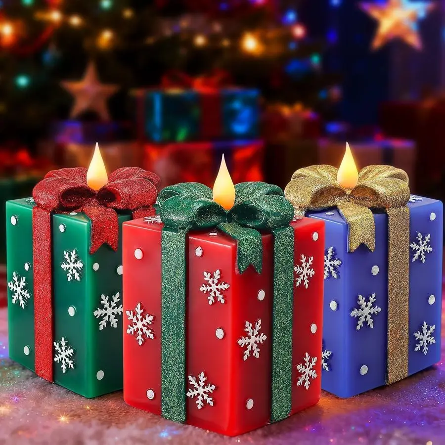 

3 Pcs Elegant Gift Box Flameless Candles with Remote Timer HandPainted Real Wax LED Candles, Battery Operated for Christmas, Hom