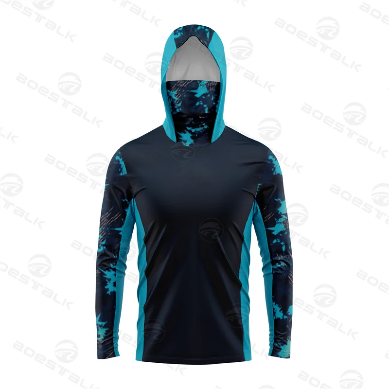 Summer Fishing Long Sleeve Hooded Mask Uv Protection Shirts Fishing Wear Uv Hoodie Men Jersey For Fishing UPF 50+ Apparel