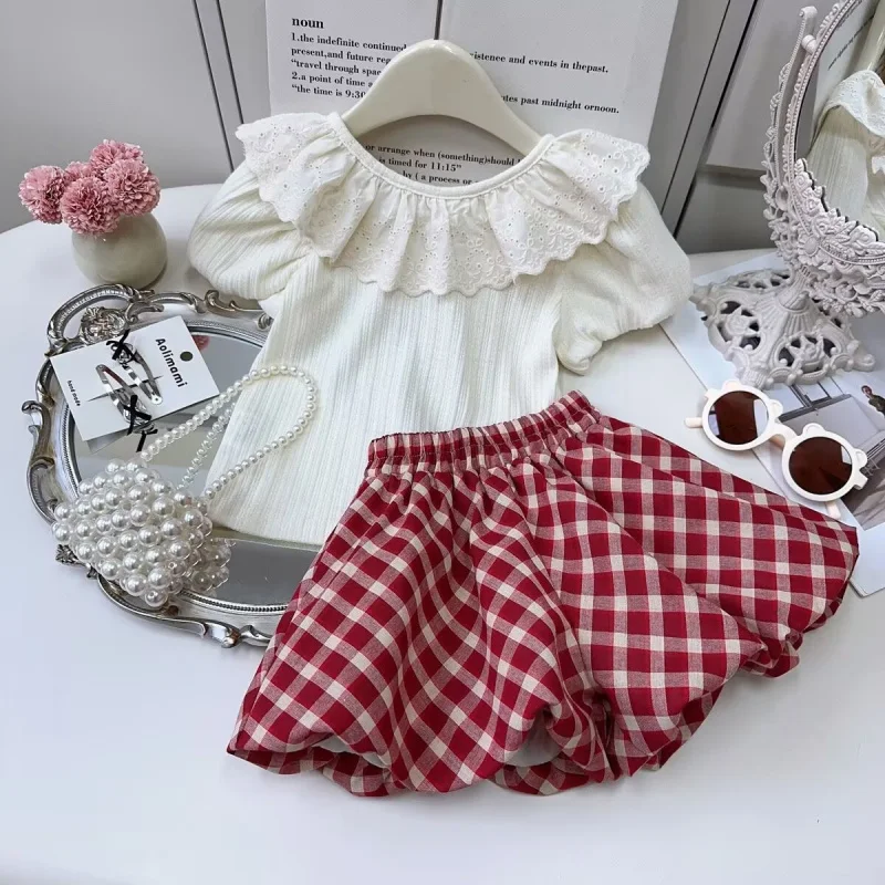 

Girls' Suit Summer2025New Lace Collar Short SleeveTPlaid Shirt and Shorts Two-Piece Set
