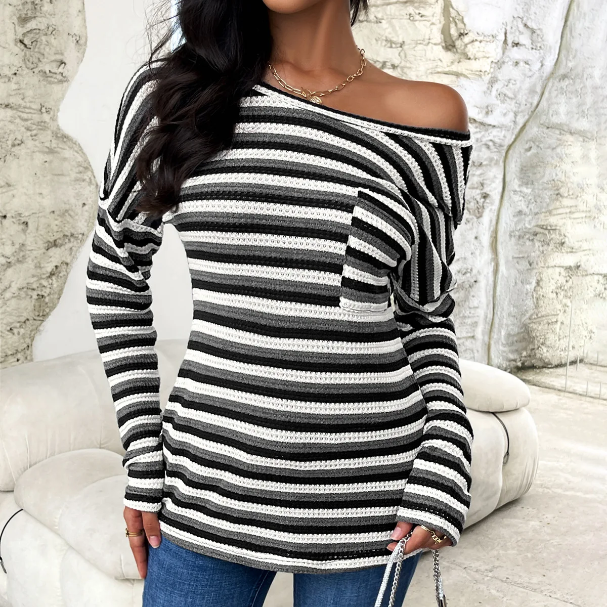 Long Sleeve T Shirt for Women Fashion Woman Blouse Stripe Streetwear Office Lady Tops 90S Vintage Clothes Y2K Female Clothing