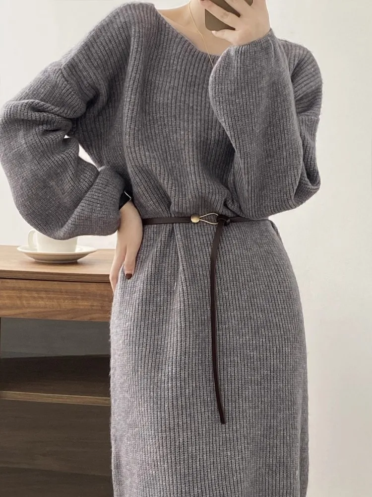 Women's Minimalist Knitted Woolen Dress, Round Neck, Loose, Monochromatic, Slim Fit, Autumn, Winter, New