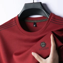 Men's 2024 Summer New High End Brand Printed Hot Diamond Ice Silk Business Casual T-Shirt Traceless Breathable O-neck Men's Wear