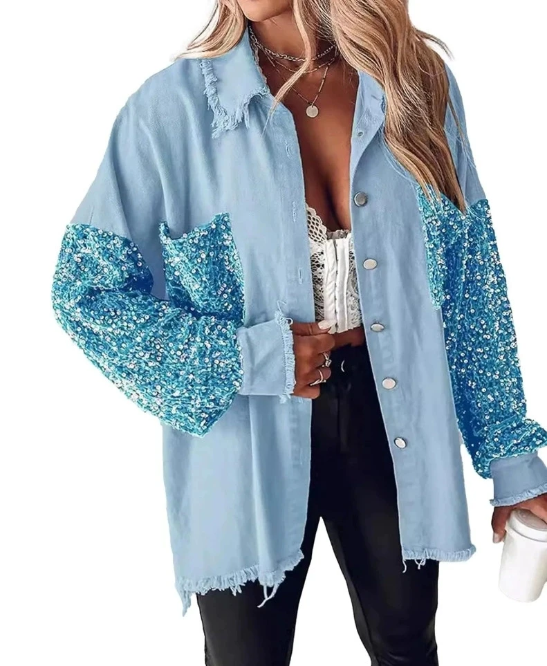 spring autumn women long sleeve Sequins denim jacket 2025 new women Splicing laple denim coat women slim jacket outwear - view 6
