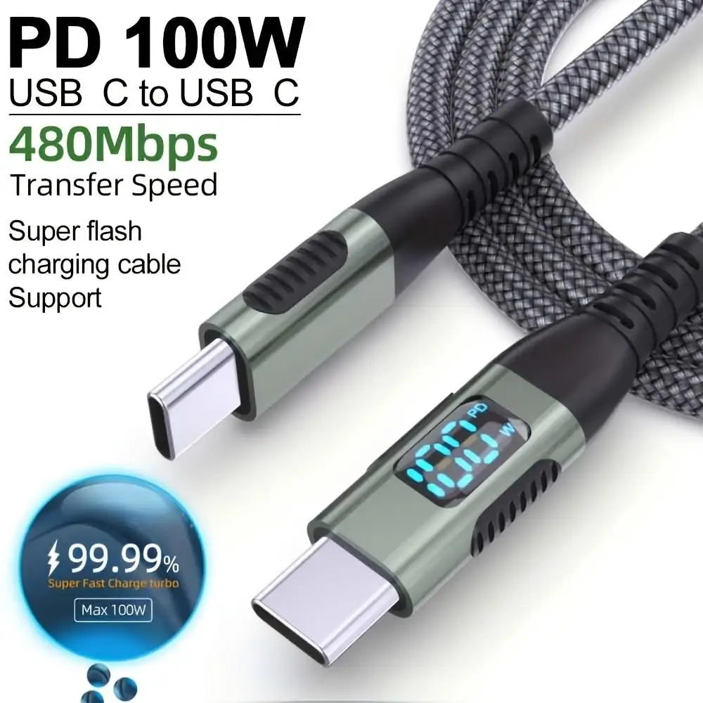 Cabo USB-C para C LAIHONEN 1PC/2PCS PD 100W com Display LED, Trançado em Nylon, 480Mbps, Carregamento Rápido para iPhone 15 Pro Max, Galaxy, iPad Pro