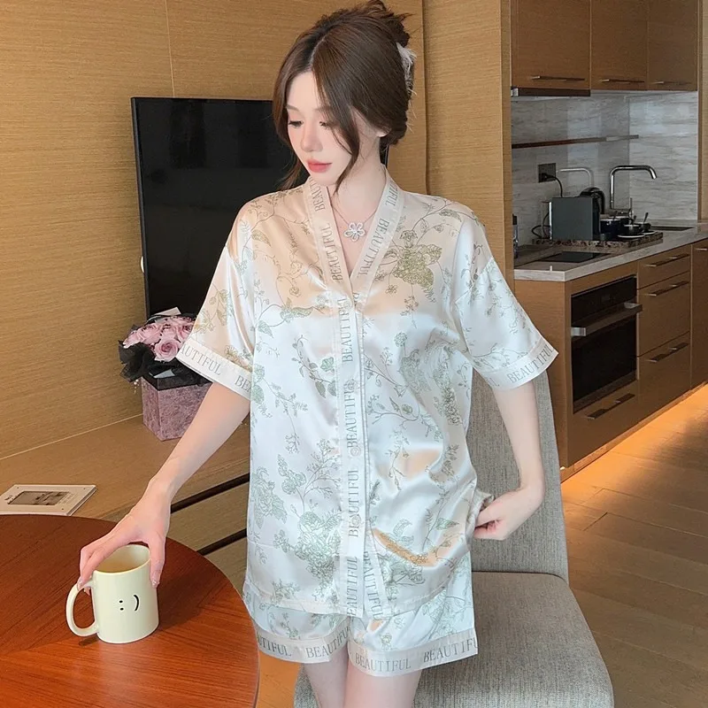 플러스 사이즈 여성용 여름 면 파자마, 스윗 기모노 칼라 오픈 가디건 투피스 세트 홈웨어, 외출복으로도 가능