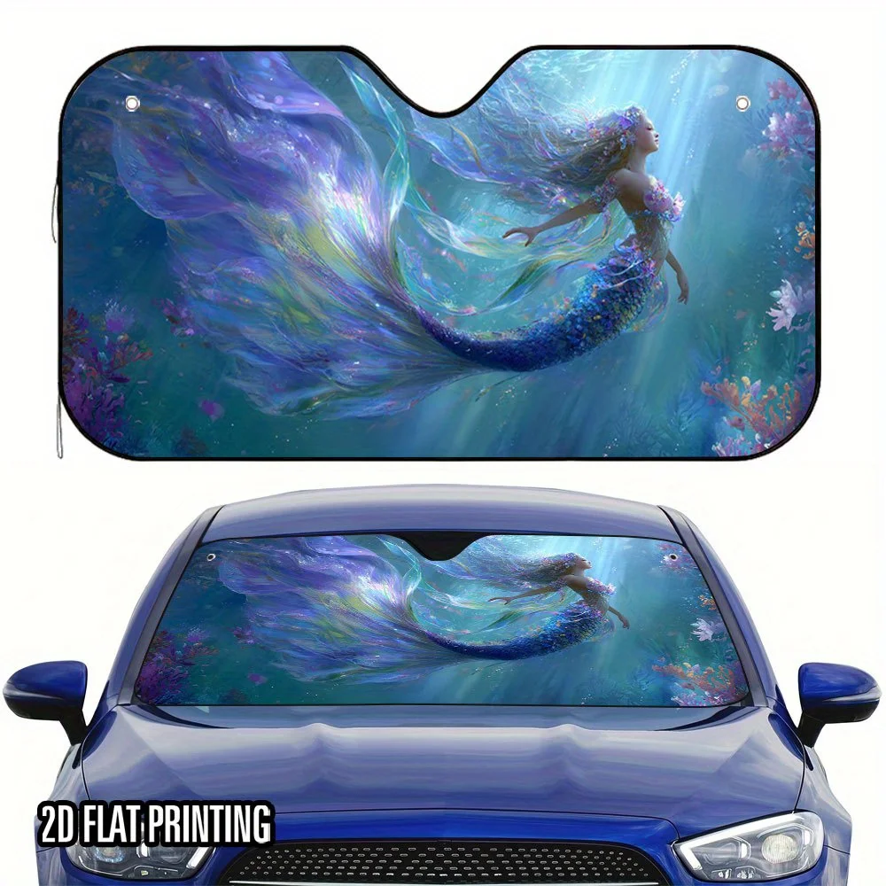 1pc 2D Flat Iridescent Mermaid Dance Print Car Sunshade – Stylish & Foldable, Keeps Your Vehicle Cool, Easy To Install With 4 Su