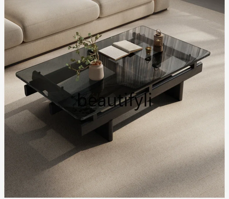 

Minimalist tempered glass black coffee table designer household solid wood tea table modern simplicity